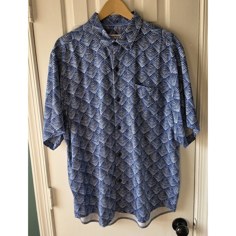 Tommy Bahama Mens Large 100% Silk Button Up Shirt Blue Pattern Hawaiian